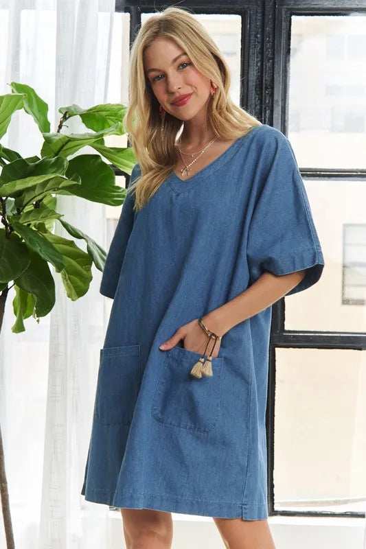 ADORA V-Neck Half Sleeve Mini Denim Dress - Trendsi - Flyclothing LLC