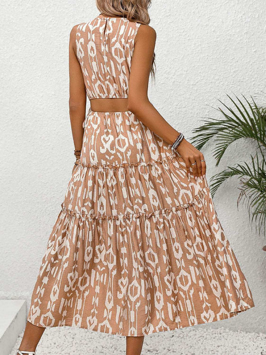 Frill Cutout Printed Round Neck Sleeveless Dress - Trendsi - Flyclothing LLC