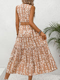 Frill Cutout Printed Round Neck Sleeveless Dress - Trendsi
