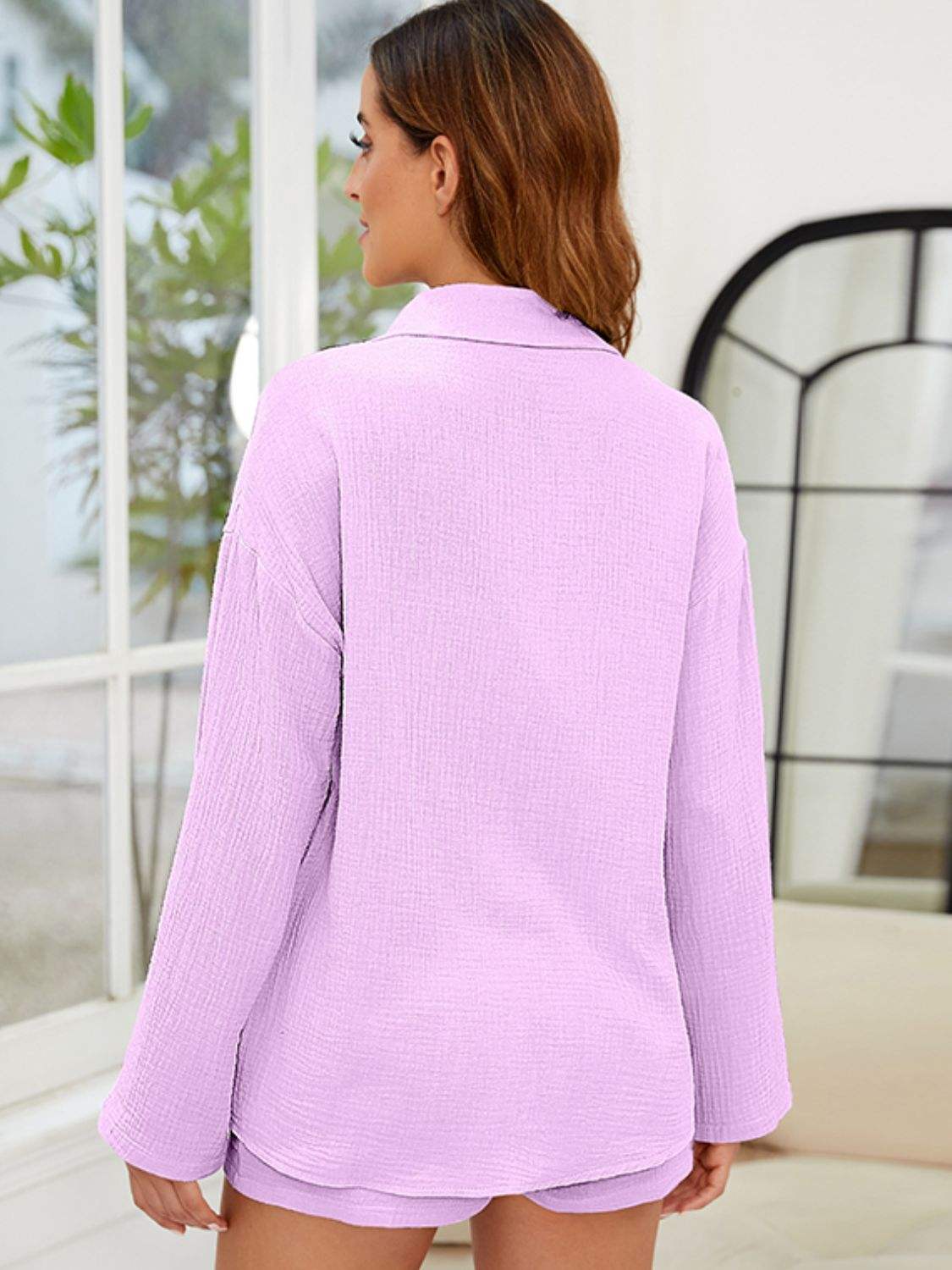 Button Up Long Sleeve Top and Shorts Set - Trendsi - Flyclothing LLC