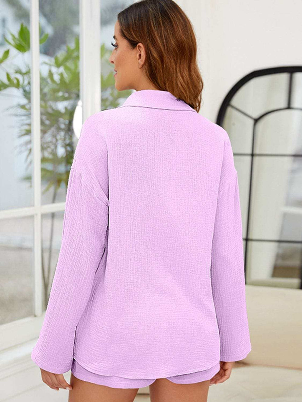 Button Up Long Sleeve Top and Shorts Set - Trendsi - Flyclothing LLC