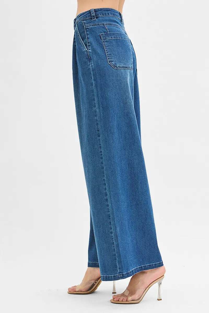 RISEN Mid Rise Fit Wide Leg Knit Denim Look Jeans - Trendsi - Flyclothing LLC