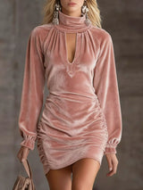Full Size Velvet Ruched Flounce Sleeve Mini Dress Plus Size - Trendsi - Flyclothing LLC