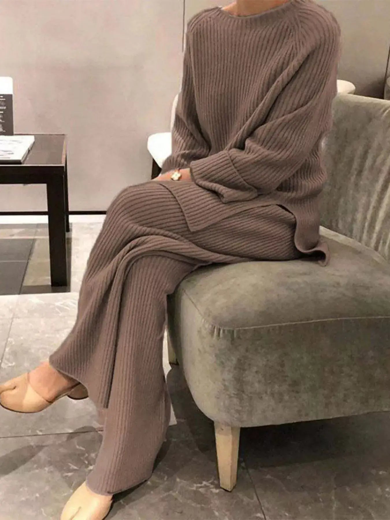 Full Size Ribbed Knit Relaxed Fit Top and Pants Sweater Set Plus Size - Trendsi - Flyclothing LLC