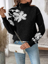 Perfee Flower Mock Neck Long Sleeve Sweater - Trendsi - Flyclothing LLC