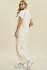 Double Take Full Size Collared Neck Short Sleeve Top and Pants Set - Trendsi - Flyclothing LLC