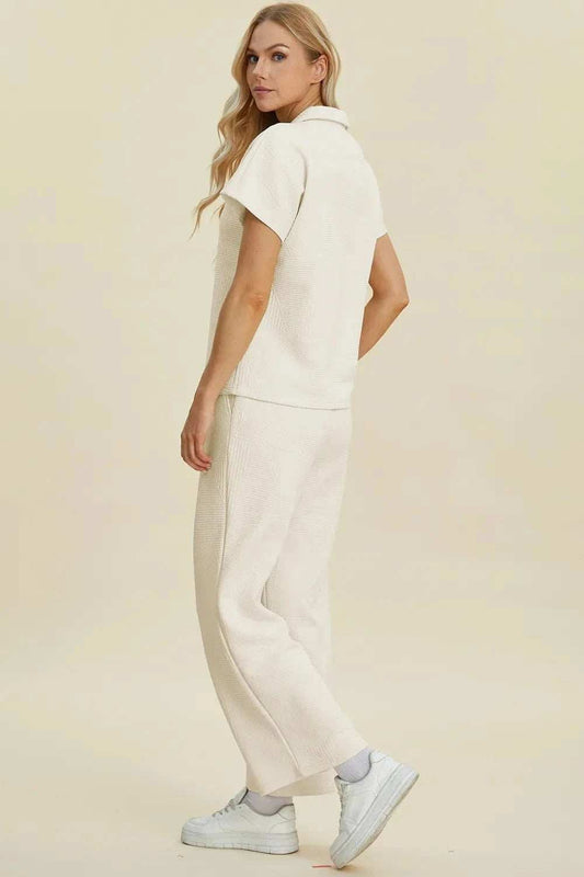 Double Take Full Size Collared Neck Short Sleeve Top and Pants Set - Trendsi - Flyclothing LLC