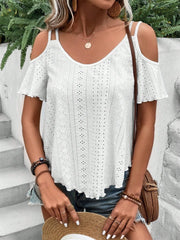 Eyelet Cold Shoulder Short Sleeve Blouse - Trendsi