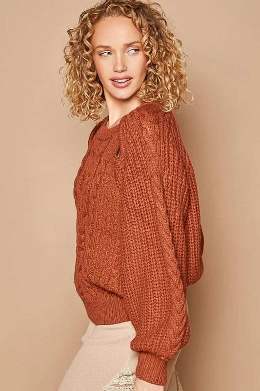 POL Cable Knit Cutout Long Sleeve Sweater - Trendsi - Flyclothing LLC