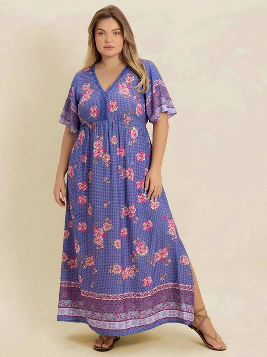 Plus Size Printed V-Neck Flutter Sleeve Dress - Trendsi - Flyclothing LLC
