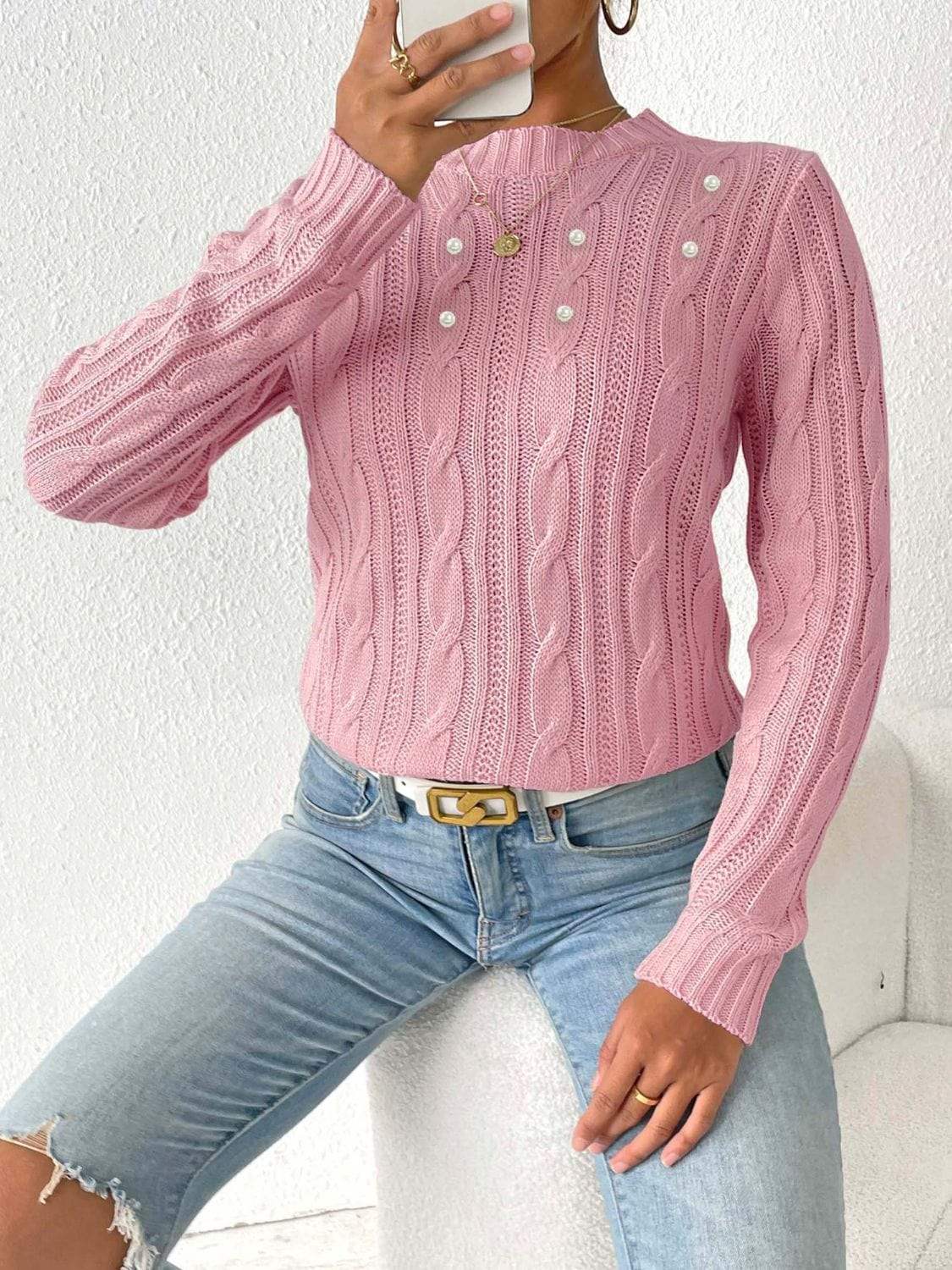 Cable-Knit Round Neck Long Sleeve Sweater - Trendsi - Flyclothing LLC