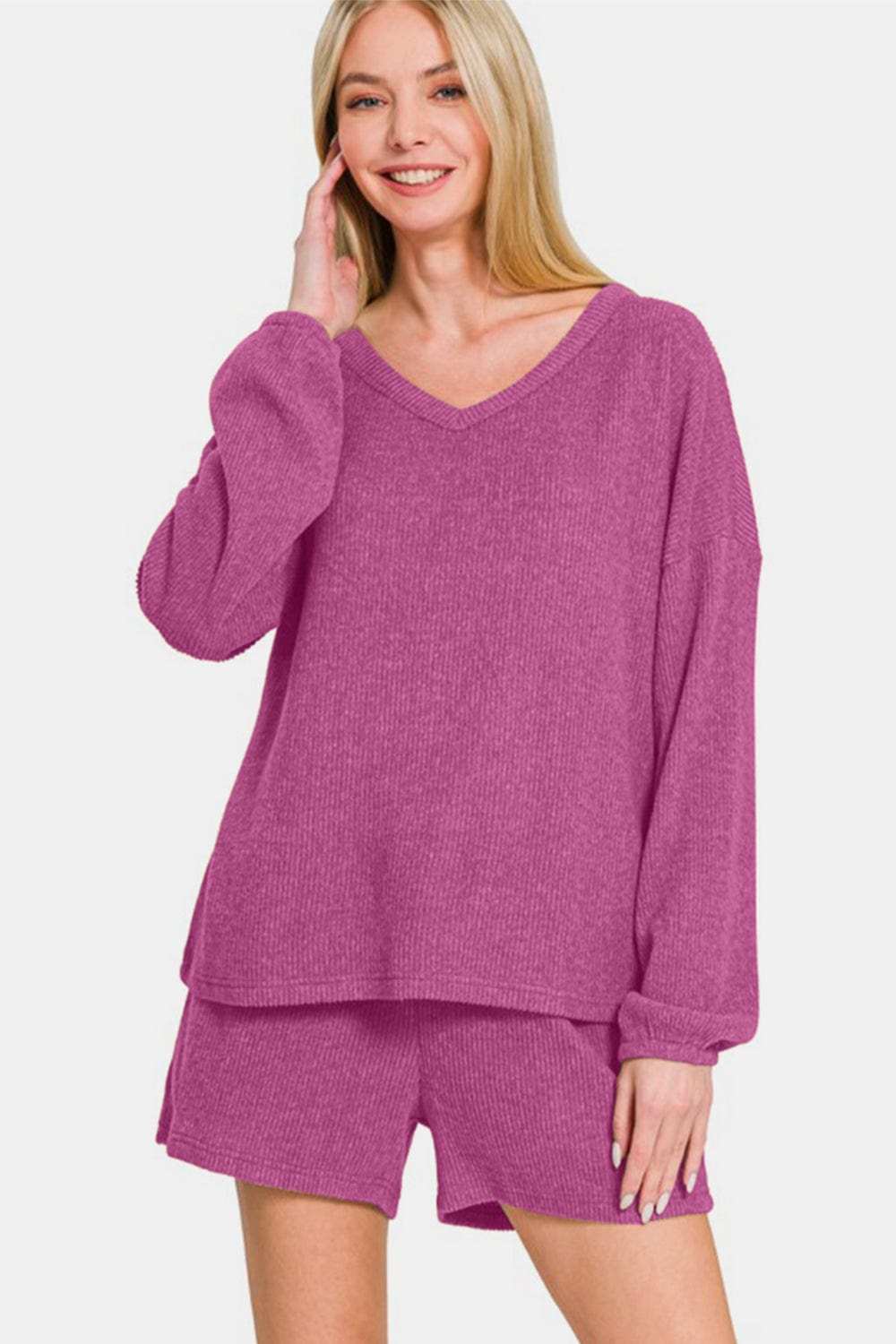 Zenana V-Neck Long Sleeve Ribbed Top and Shorts Set - Trendsi - Flyclothing LLC