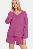 Zenana V-Neck Long Sleeve Ribbed Top and Shorts Set - Trendsi - Flyclothing LLC