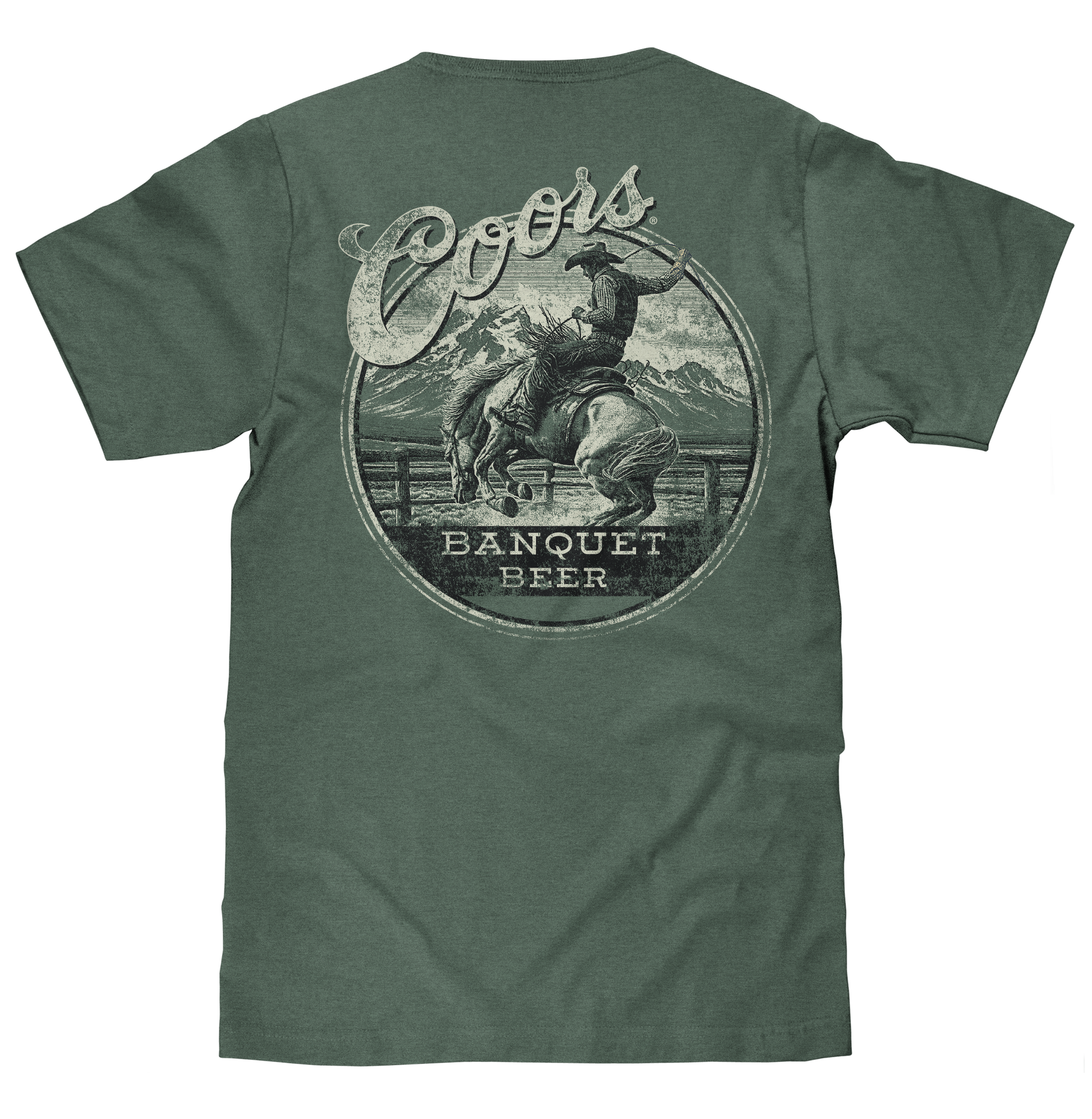 Coors Banquet Beer Rodeo Horse Front Pocket Tee T-Shirt - Cypress Green