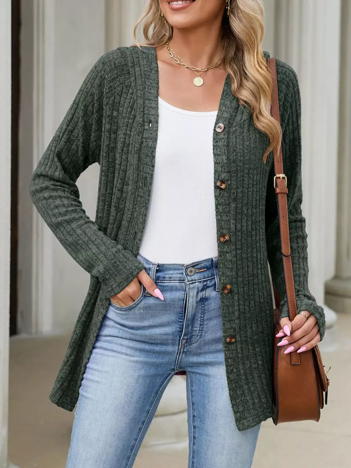 Ribbed Knit Hooded Button-Down Cardigan - Trendsi - Flyclothing LLC