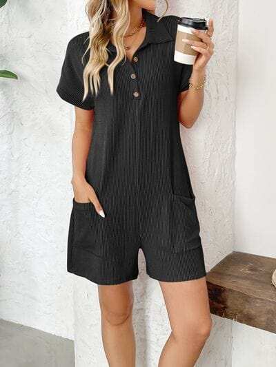 Button Detail Collared Neck Short Sleeve Romper - Trendsi - Flyclothing LLC