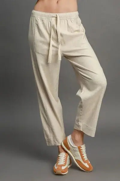 Umgee Full Size Drawstring Elastic Waistband Linen Blend Pants Plus Size - Trendsi - Flyclothing LLC
