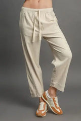 Umgee Full Size Drawstring Elastic Waistband Linen Blend Pants Plus Size - Trendsi - Flyclothing LLC