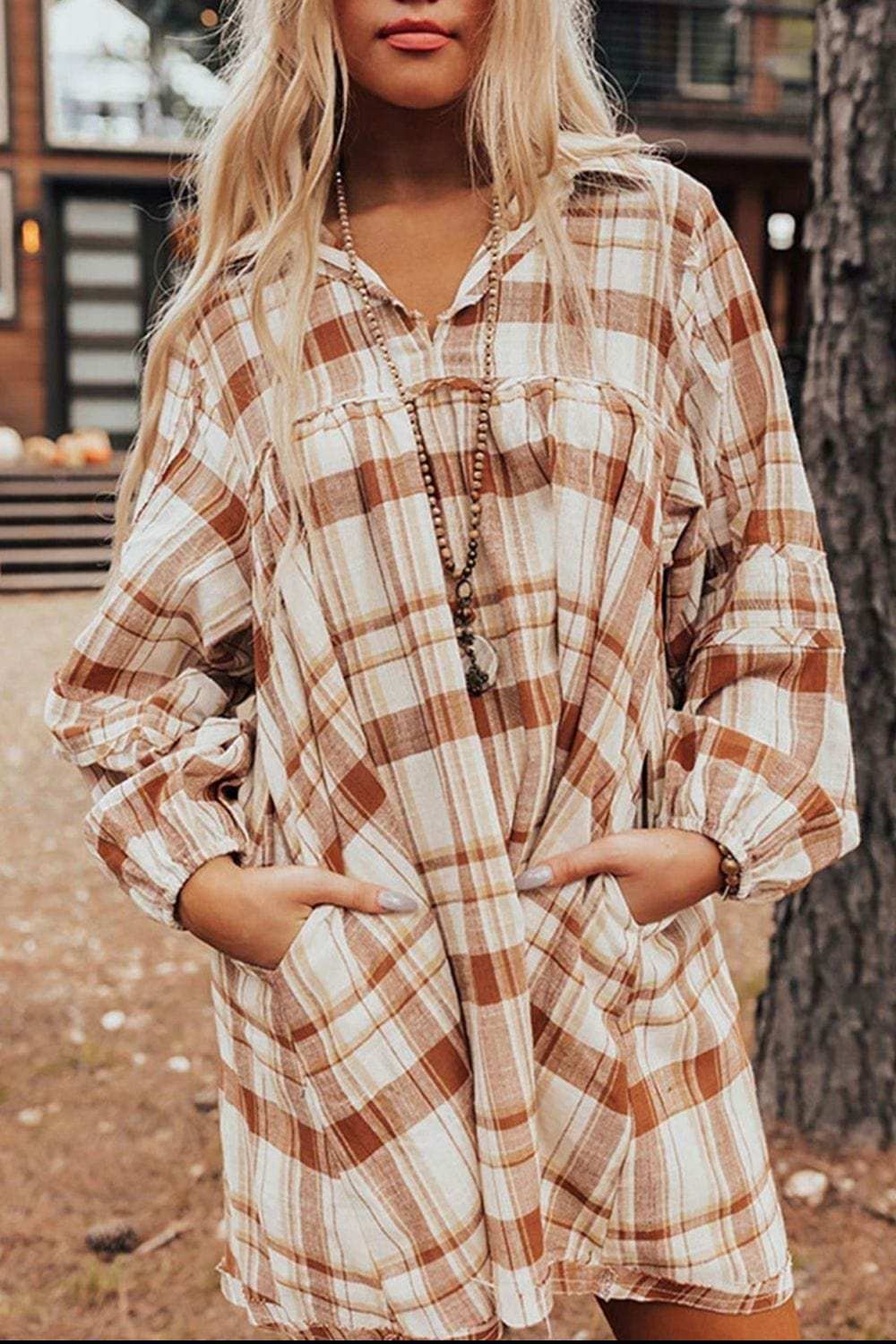 Plaid Collared Neck Long Sleeve Mini Shirt Dress - Trendsi - Flyclothing LLC