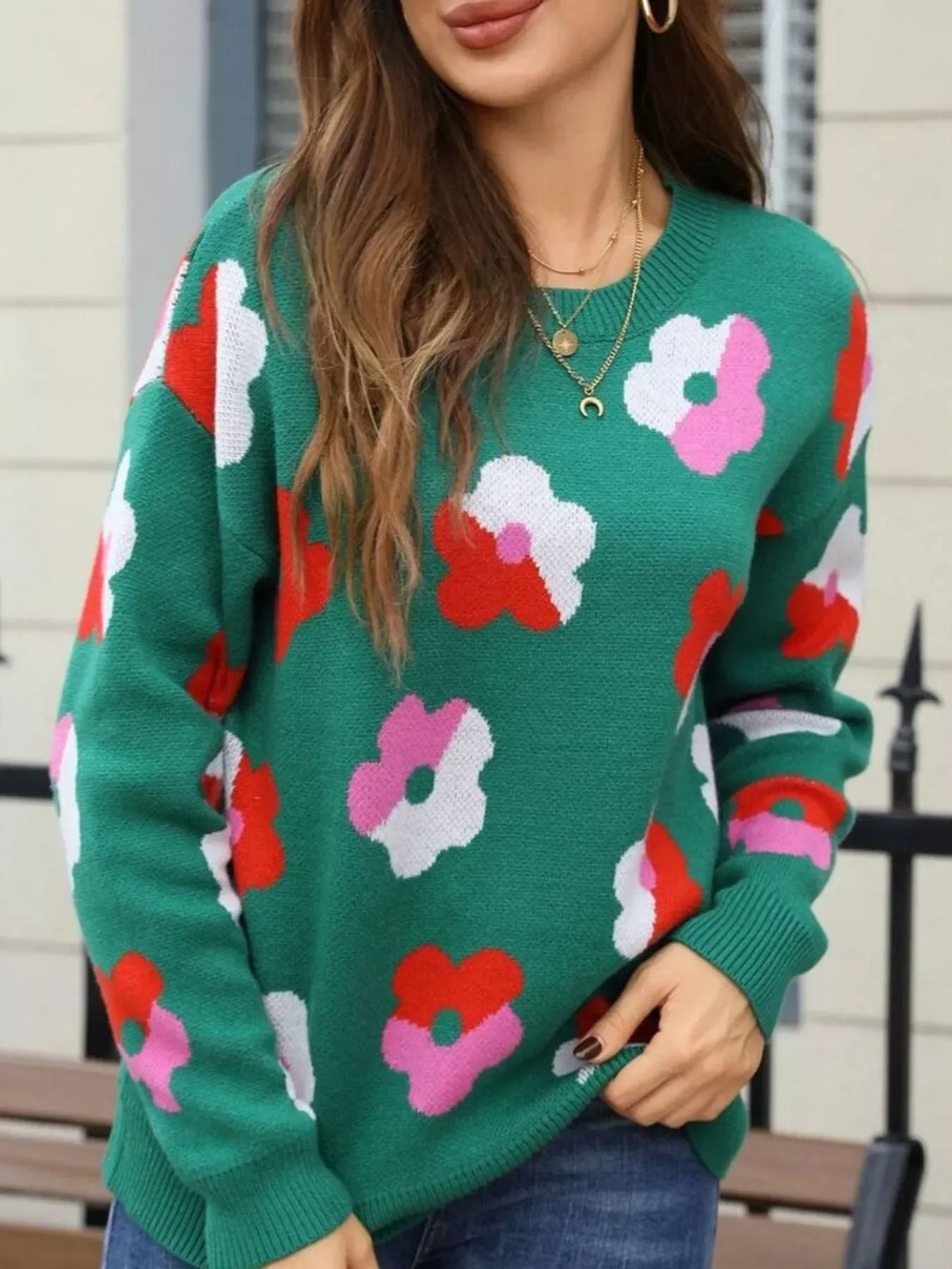 Floral Crew Neck Long Sleeve Sweater - Trendsi - Flyclothing LLC