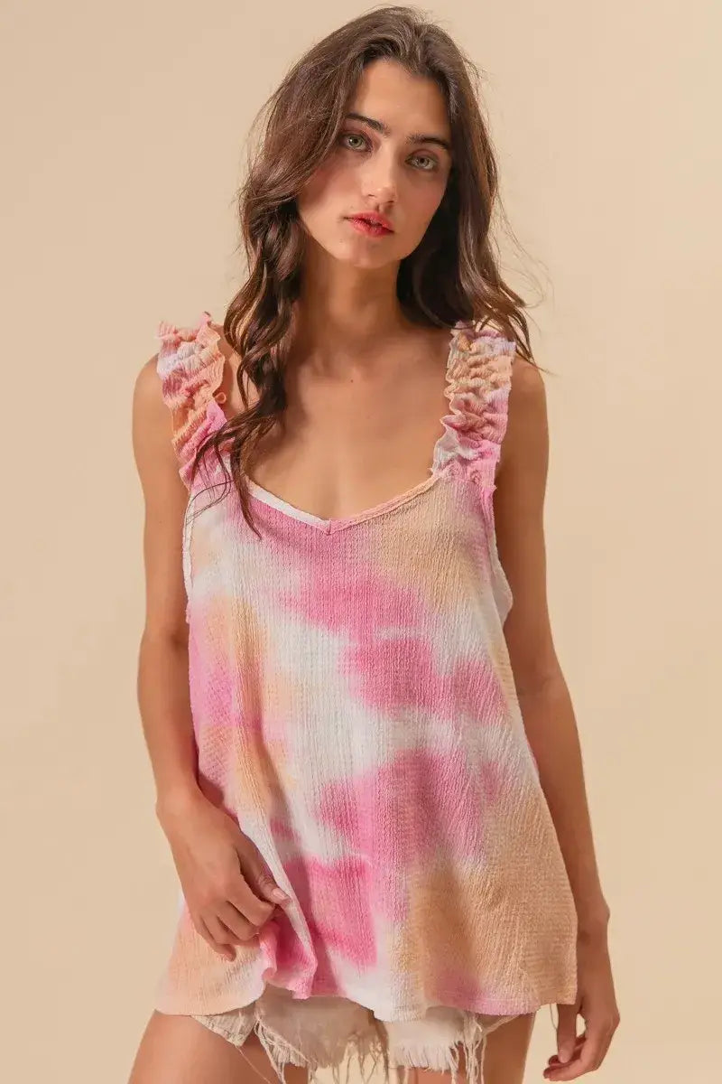 BiBi Tie Dye Printed Textured Woven with Ruffled - Trendsi - Flyclothing LLC