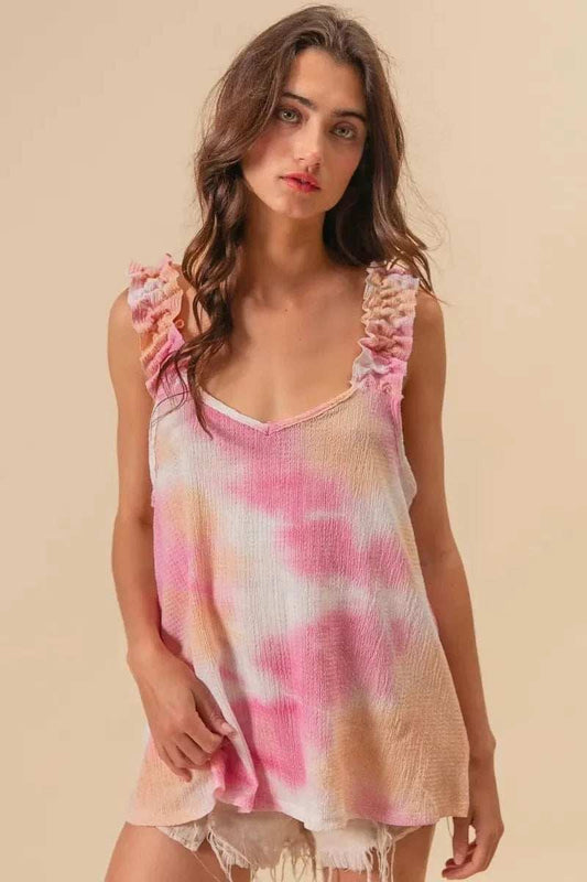 BiBi Tie Dye Printed Textured Woven with Ruffled - Trendsi - Flyclothing LLC