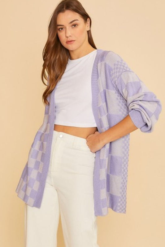 Annie Wear Checkered Open Front Drop Shoulder Cardigan - Trendsi