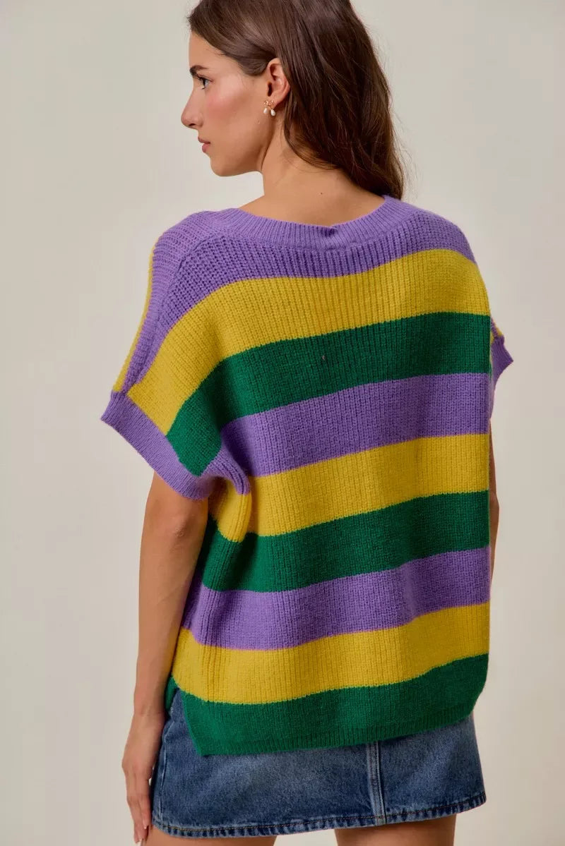 SO ME Mardi Gras Loose Fit V Neck Stripe Sweater Top - Trendsi - Flyclothing LLC