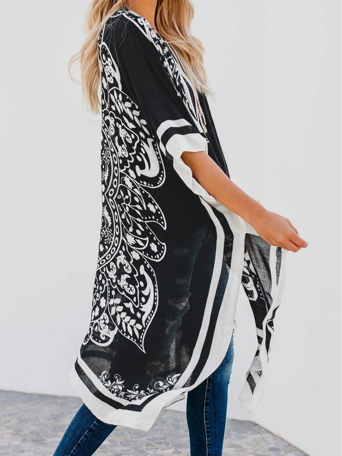 Printed Open Front Cover-Up - Trendsi - Flyclothing LLC