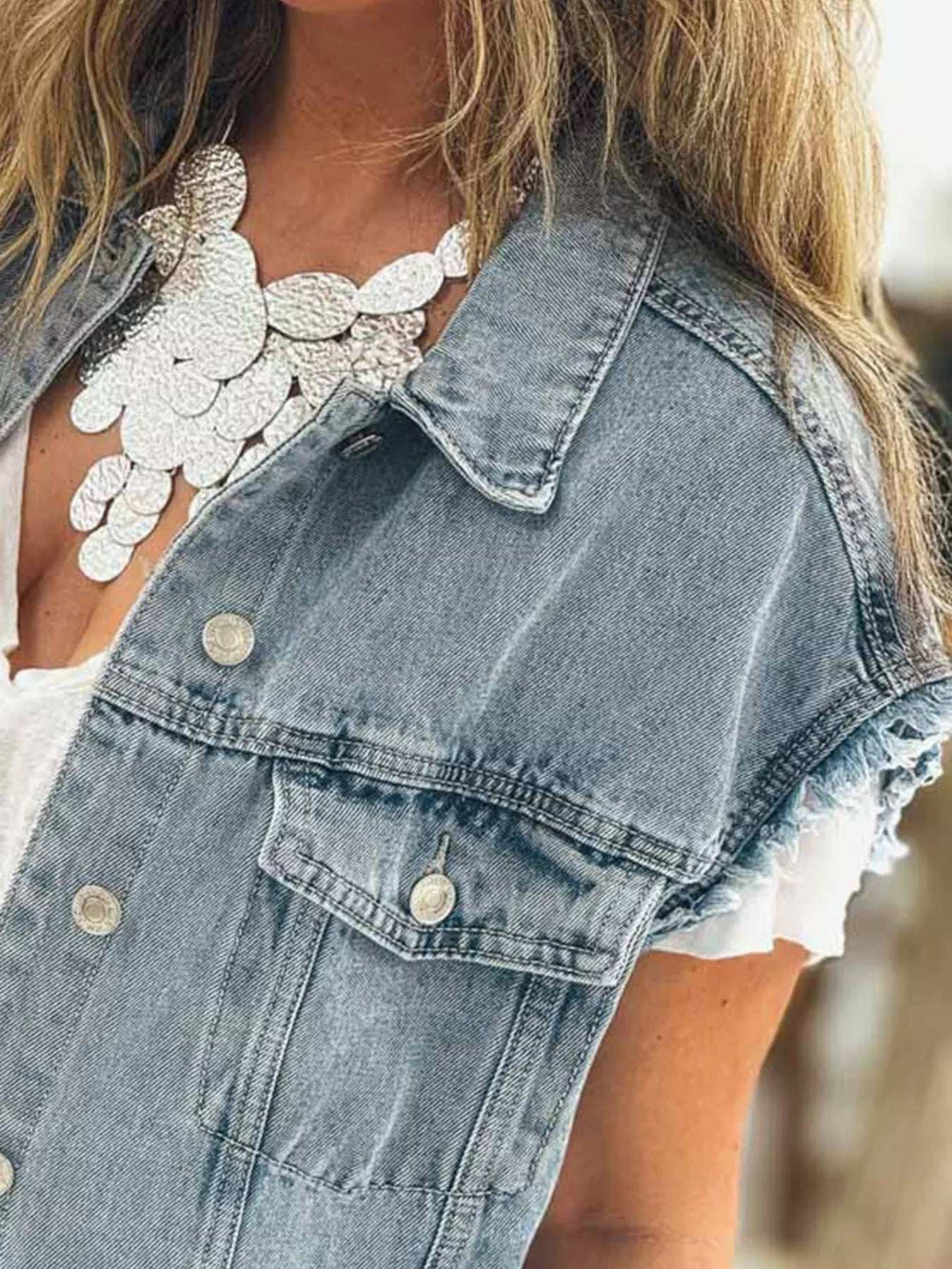 Button Flap Pocket Frayed Detail Denim Vest - Trendsi - Flyclothing LLC