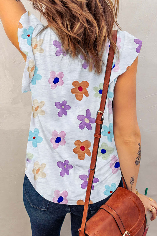 Printed Notched Cap Sleeve T-Shirt