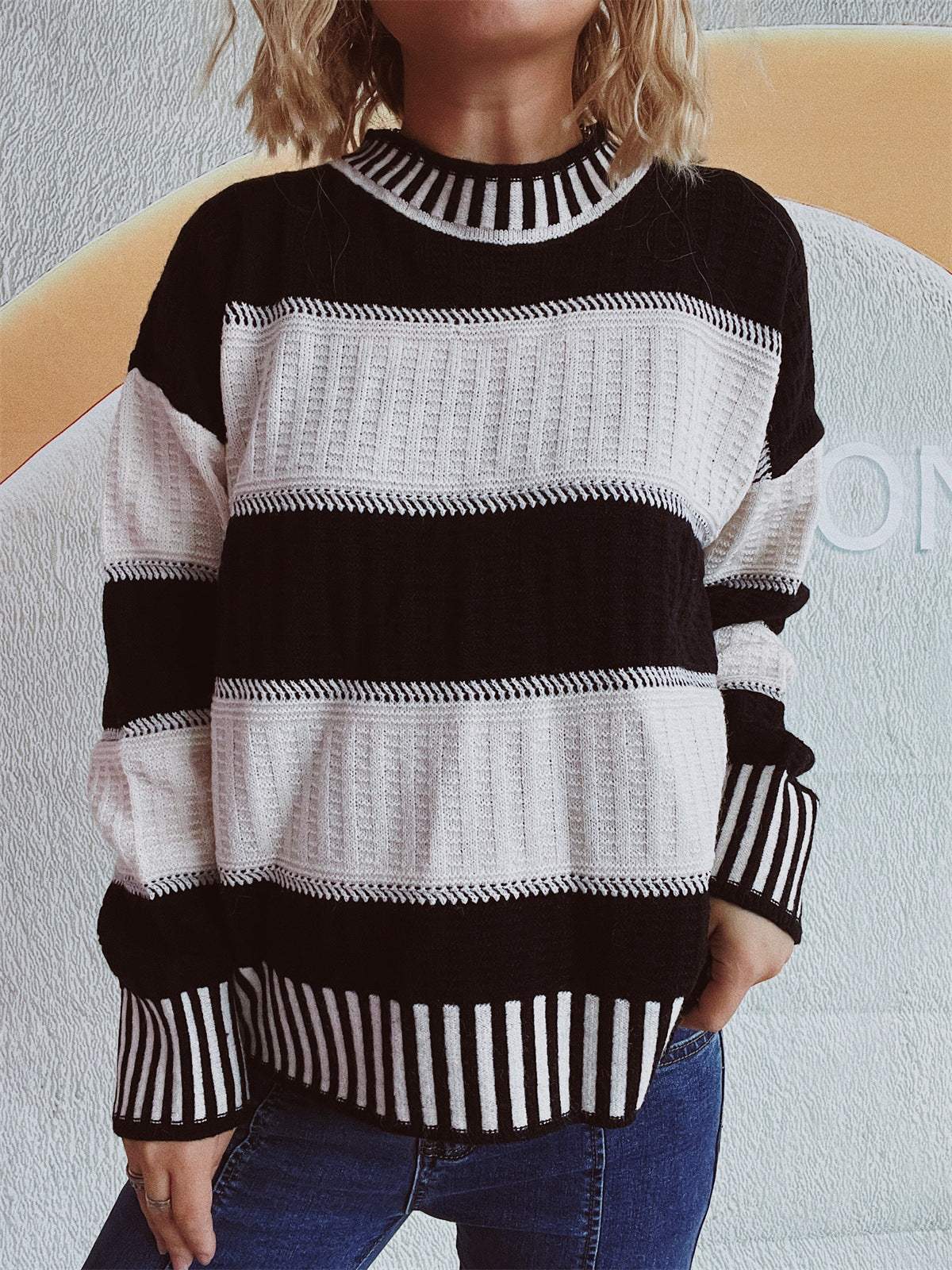 Contrast Round Neck Long Sleeve Sweater - Trendsi - Flyclothing LLC