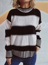 Contrast Round Neck Long Sleeve Sweater - Trendsi - Flyclothing LLC
