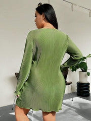 Honey Plus Size Lettuce Hem Round Neck Long Sleeve Dress - Trendsi