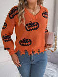 Halloween Pumpkin Pattern Raw Hem V-Neck Sweater - Trendsi - Flyclothing LLC