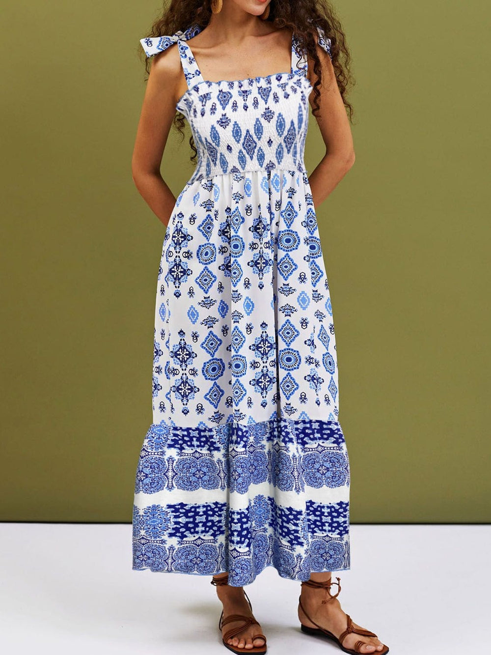 Smocked Printed Square Neck Cami Dress - Trendsi