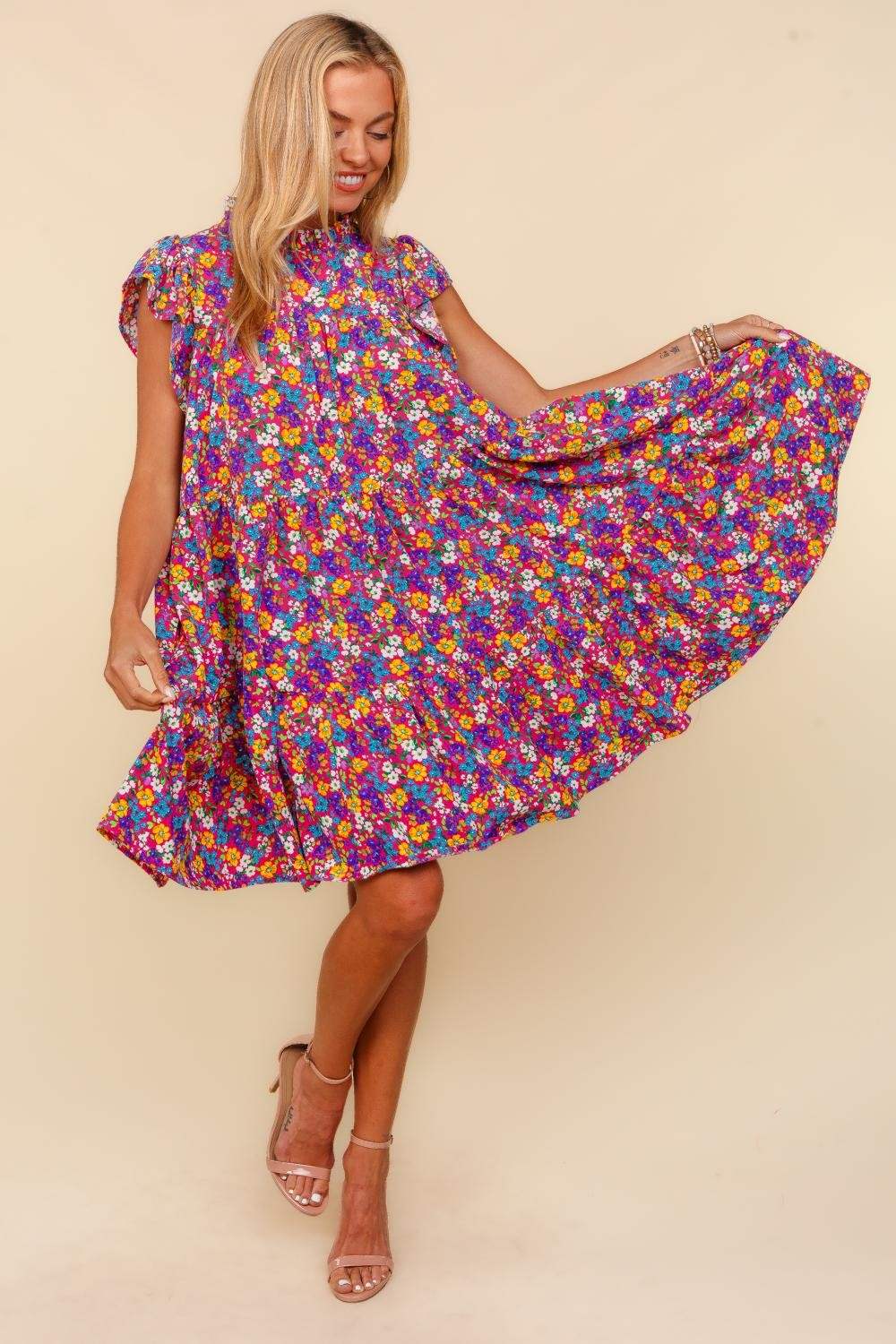 Haptics Frilled Mock Neck Ditsy Floral Dress - Trendsi - Flyclothing LLC