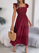Smocked Square Neck Cap Sleeve Midi Dress - Trendsi - Flyclothing LLC