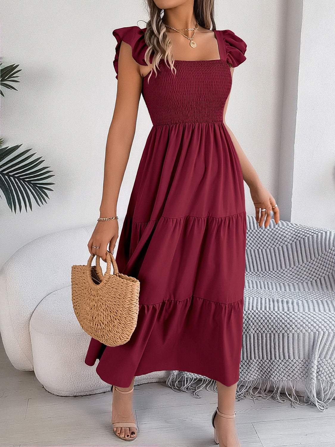 Smocked Square Neck Cap Sleeve Midi Dress - Trendsi - Flyclothing LLC