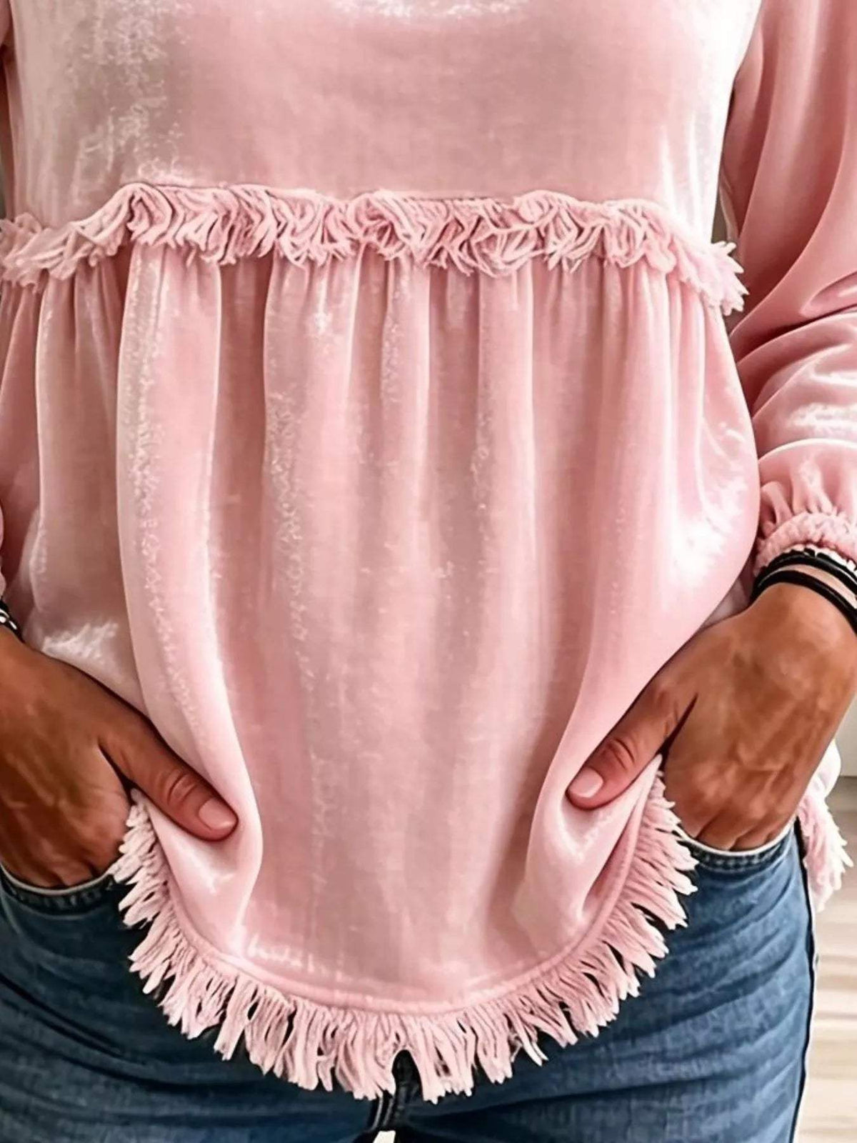 Fringed Hem Long Sleeve T-Shirt - Trendsi - Flyclothing LLC