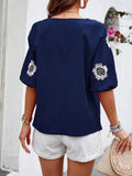 Embroidered Tie Neck Puff Sleeve Blouse - Trendsi