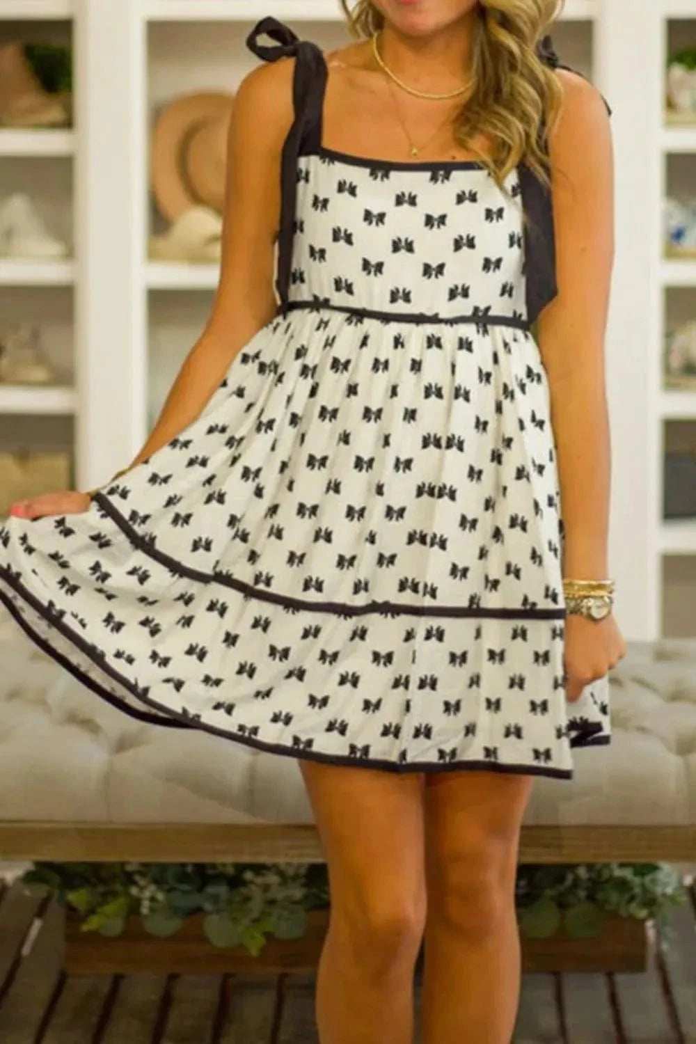 Bow Knot Color Contrast Trim Knotted Shoulder Mini Dress - Trendsi - Flyclothing LLC