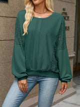 Lace Sleeve Crew Neck Sweatshirt - Trendsi - Flyclothing LLC