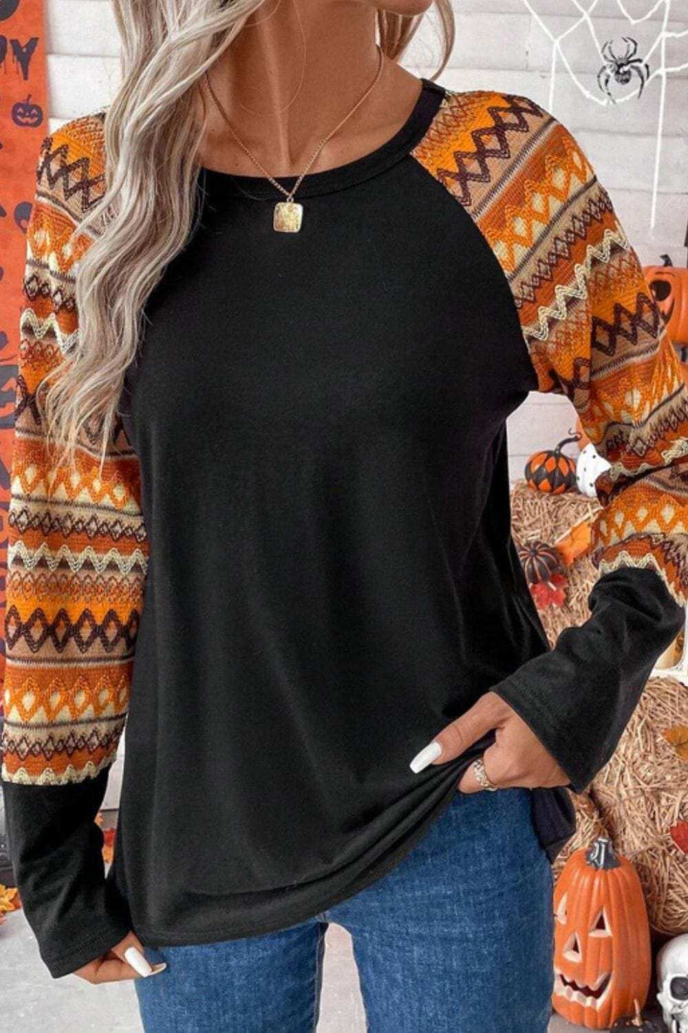 Printed Round Neck Raglan Sleeve Blouse - Trendsi - Flyclothing LLC