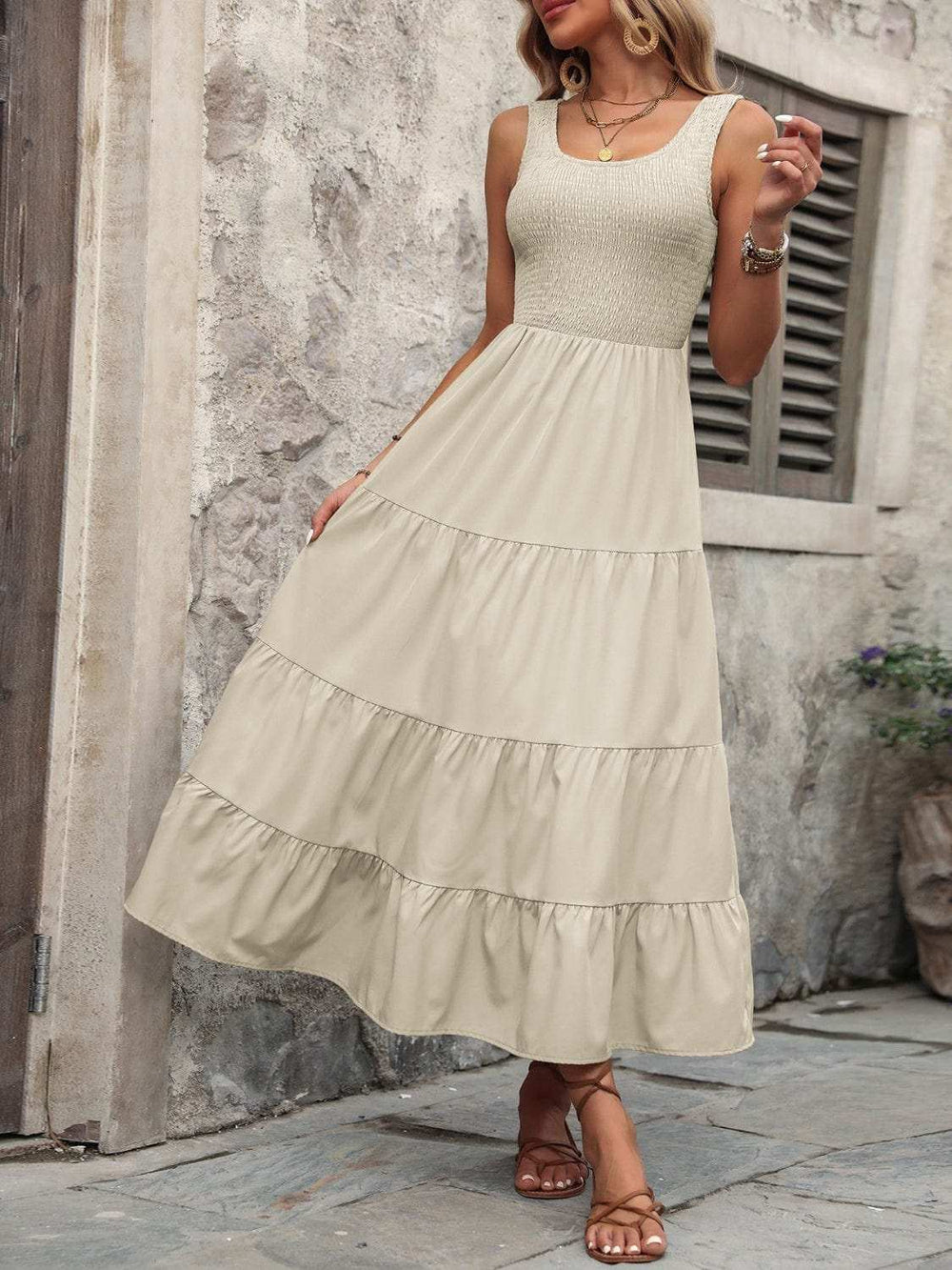 Smocked Scoop Neck Sleeveless Tank Dress - Trendsi - Flyclothing LLC