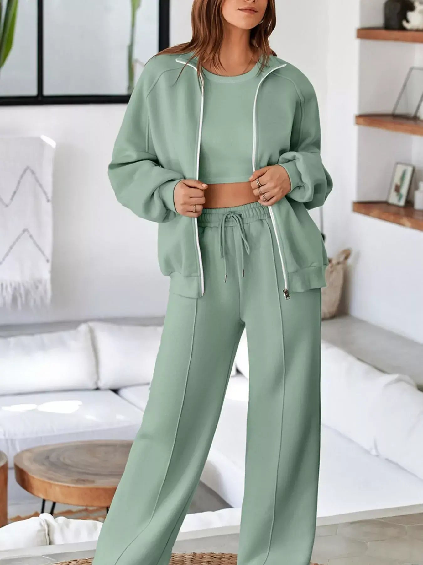 Drop Shoulder Zip Up Jacket and Drawstring Pants Active 2pcs Set - Trendsi - Flyclothing LLC