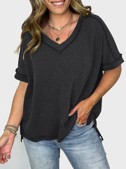 Lovelet Texture V-Neck Half Sleeve T-Shirt - Trendsi