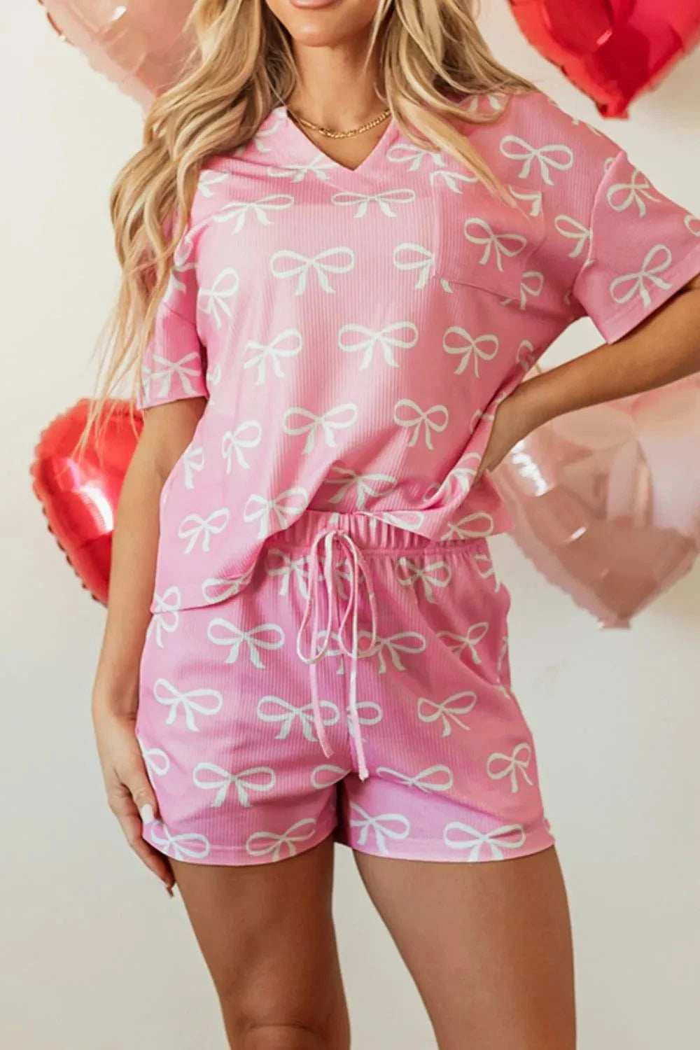 Bowknot Printed Notched T-Shirt and Shorts Set - Trendsi - Flyclothing LLC