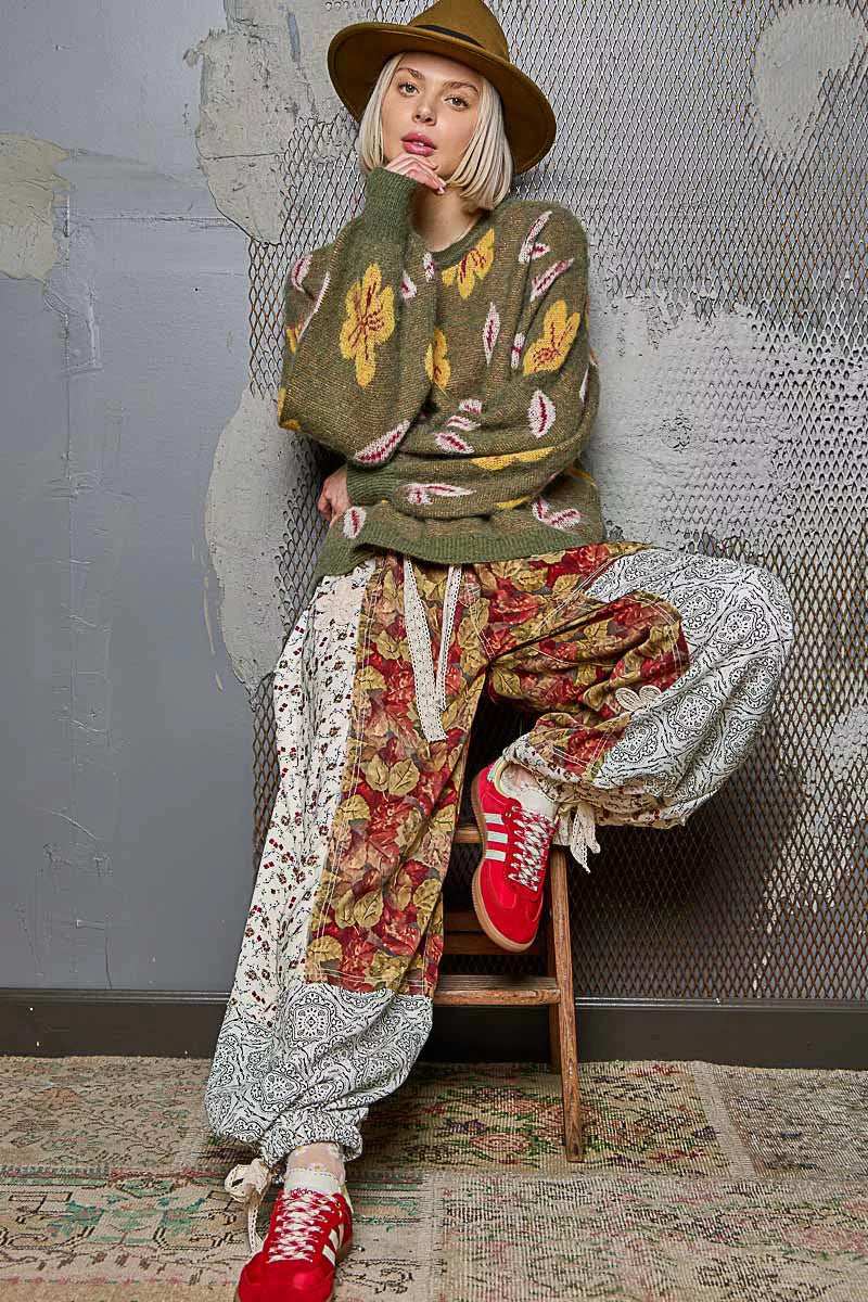 POL Floral Pattern Round Neck Balloon Sleeve Sweater - Trendsi - Flyclothing LLC