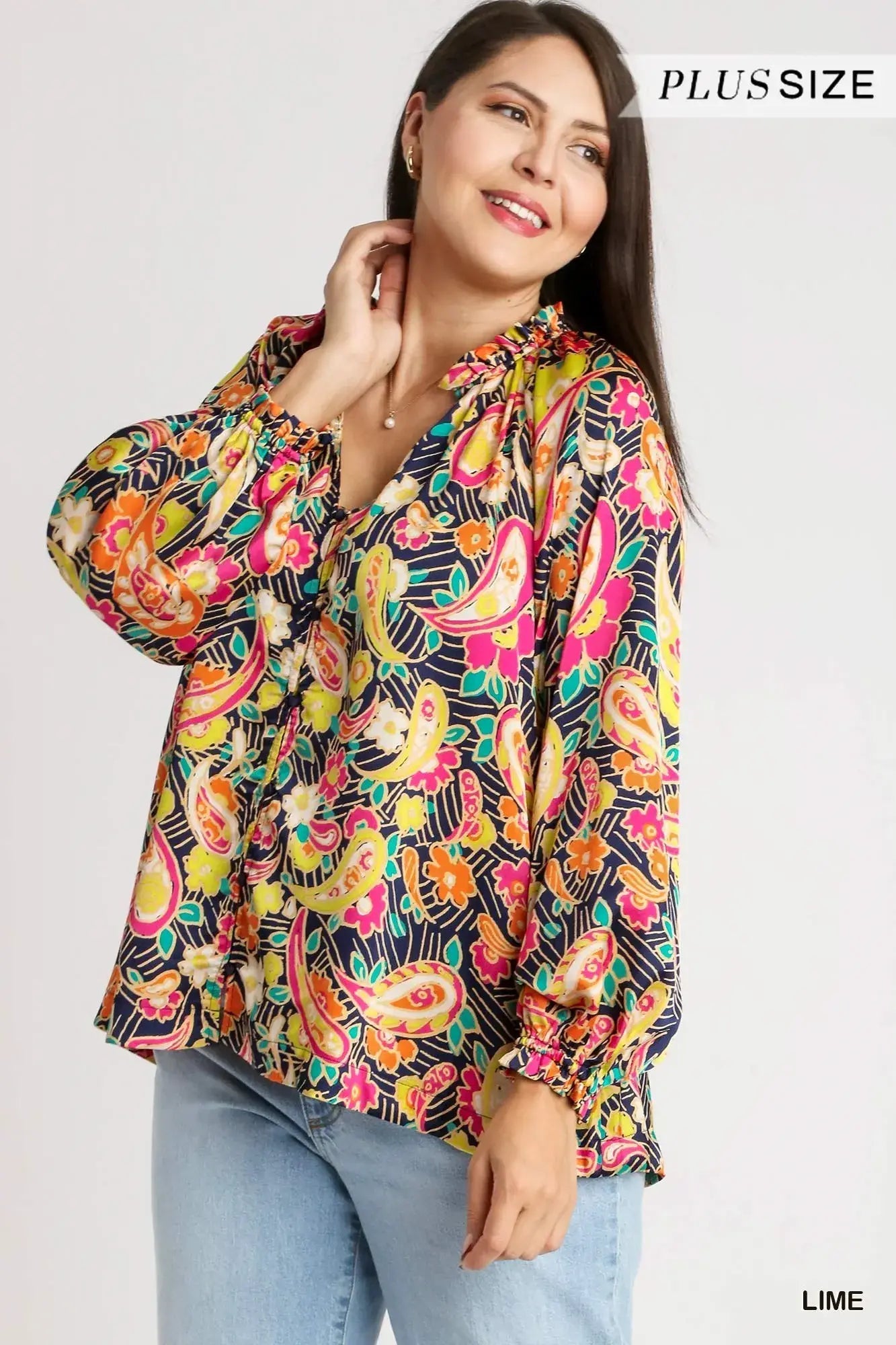 Umgee Full Size Satin Paisley Ruffle Neck Button-Up Shirt Plus Size - Trendsi - Flyclothing LLC